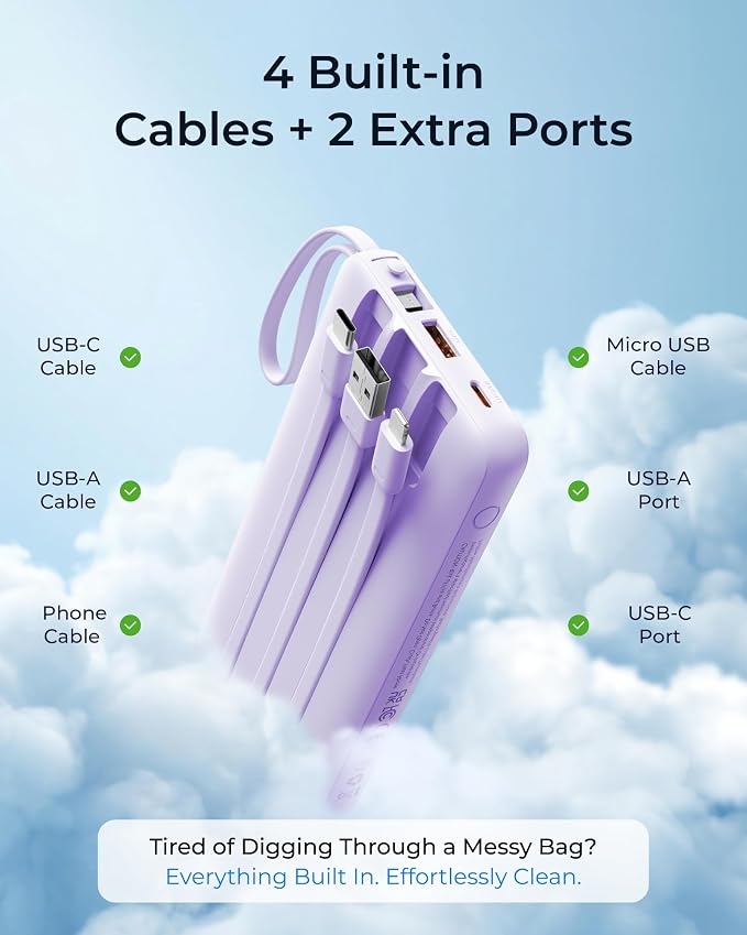 VRURC Portable Charger 4-Built-in-Cable Fast Charging 20000mAh Power Bank | Battery Protection,Flight-Approved,USB-C Cable,22.5W PD,Slim,Travel Essentials,Battery Pack for iPhone,iPad,Galaxy,Purple - Image 4