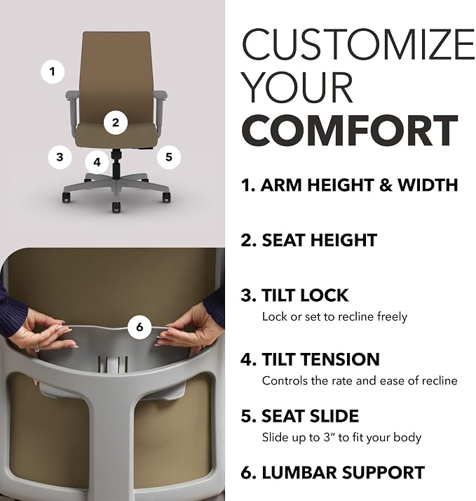 HON Ignition 2.0 Ergonomic Office Chair, Lumbar Support, Quicksand | Ergonomic office desk chair with lumbar support, adjustable arms, office decor, workstation comfort for focused productivity - Image 3