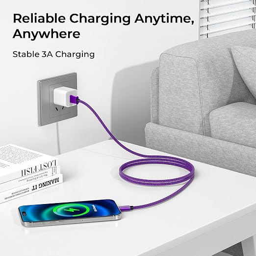 Basesailor for iPhone 17 16 Pro Max Charger Cord,USB to USB C Cable,Type C Charging Power Cord for Apple 17e 15 iPad 10 Air 4 5,Samsung Galaxy S26 S25 S24 S23,Purple,3Pack 1.5/3.3/6.6FT(0.5/1/2M) - Image 6