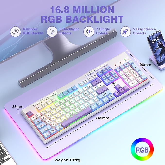 Wireless Gaming Keyboard, Tri-Mode, RGB Light up Backlit Creamy Keyboards | BT5.0/2.4GHz/USB-C, RGB Light up, Customizable Macro Keys, 26 Anti-ghosting Keys, 4000mAh Battery, Creamy Computer Keyboards - Image 3