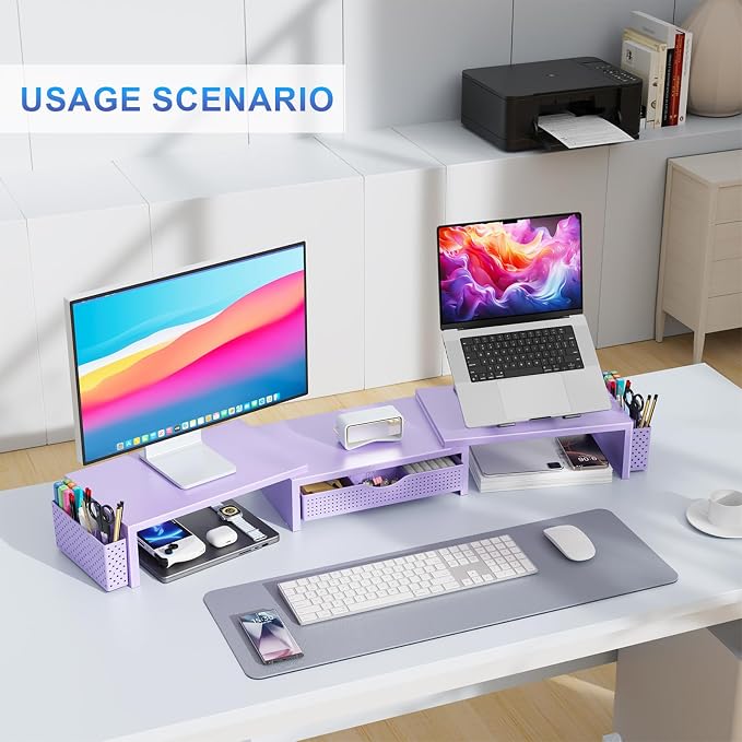 gianotter Dual Monitor Stand Riser With Drawer and 2 Pen Holders | Computer Monitor Stand Desk Organizer and Accessories Desk Shelf for Top of Desk (Purple) - Image 5