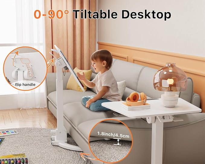 JOY worker Foldable Mobile Standing Desk, Adjustable Portable Desk, White | 90° Tiltable MDF Desktop with Strip, Height Adjustable, Collapsible Low Base with Hidden Wheels, Holds 22lbs, for Home Office - Image 4