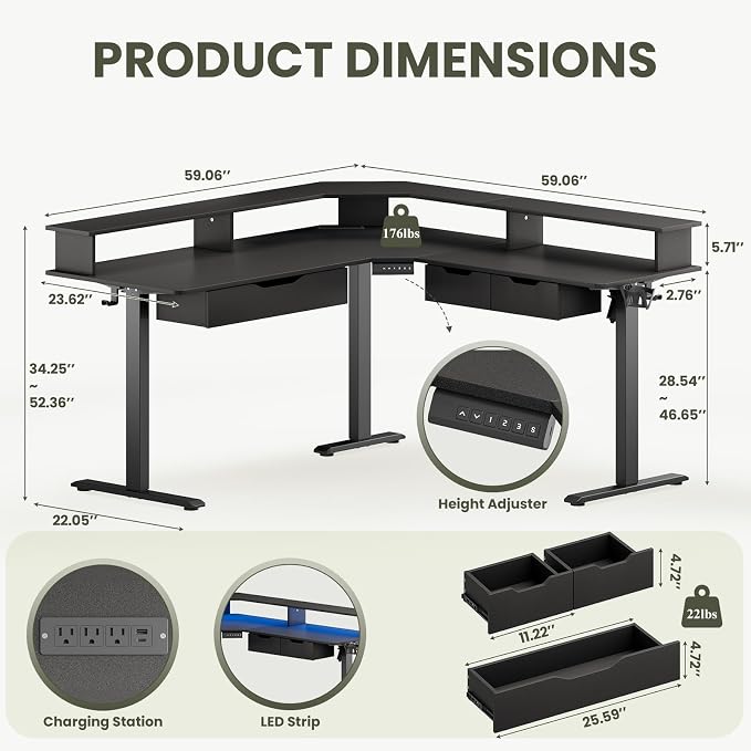 MALOL 59" L Shaped Electric Standing Desk with Drawers, Height Adjustable Desk with Power Outlets & LED Lights, Monitor Stand, Corner Computer Desk for Home Office, Black - Image 2