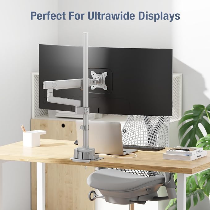 AVLT Single 40 Inch Monitor Arm Pole Top Mount with USB-C&A Ports - Gray | Supports 26.4 lbs (12kg), Ultrawide screen fit, VESA Compatible, Tilt, Swivel, Rotate, Ergonomic adjustable height, Durable - Image 7