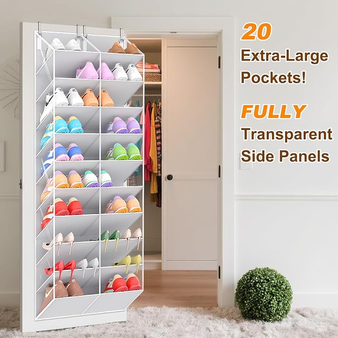 UVIAHOMI 20-30 Pairs Over the Door Shoe Organizer, Clear Pockets Hanging Shoe Storage for Closet, 10-Tier Door Shoes Rack, Handing Shoes Holder Fit All the Family's Sneakers, Boots, Heels, Light Grey - Image 3