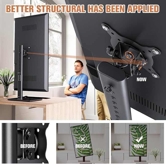 Single Monitor Stand Freestanding 27-43 Inch Monitor Arm Curved Screen Monitor Mount Tempered Glass Base Adjustable Motion Tilt -15° to 10° Swivel ±45° Rotation 360° Weight Capacity 77lbs HT05B-003 - Image 2