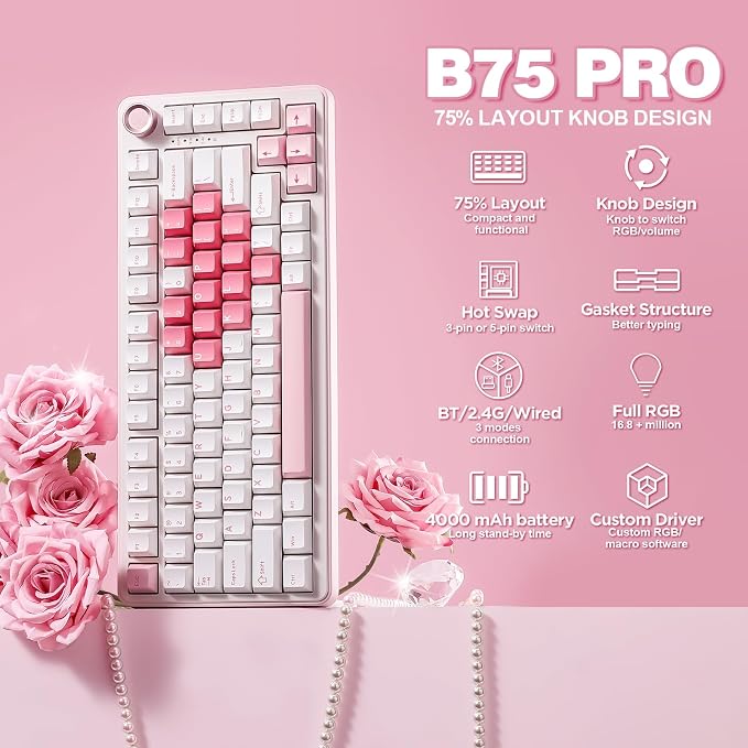 YUNZII B75 PRO 75% Wireless Mechanical Keyboard (White Heart,Cocoa V2) | Hot Swap Keyboard with Knob, Gasket Mount, Creamy Pre-lubed Switch for Smooth Typing, BT/USB-C/2.4G, for Gaming - Image 2