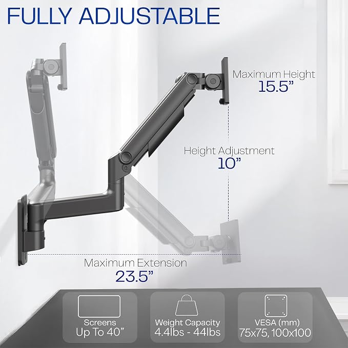 VIVO Premium Ultrawide Monitor Counterbalance Wall Mount for 40 inch Screens up to 44 lbs, Full Motion, Max VESA 100x100, Black, MOUNT-V100E - Image 3