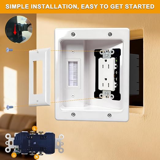 Recessed TV Outlet for in Wall Management Kit Set Box-Two-Hole Socket,TV Wall Kit Hider Box Fits All Plugs - Image 5