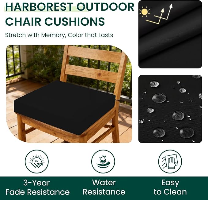 HARBOREST Outdoor Chair Cushions Set of 4, Water Resistant Patio Chair Cushions with Ties, Square Corner Outdoor Seat Cushions for Patio Furniture, 18.5"x16"x3", Black - Image 2