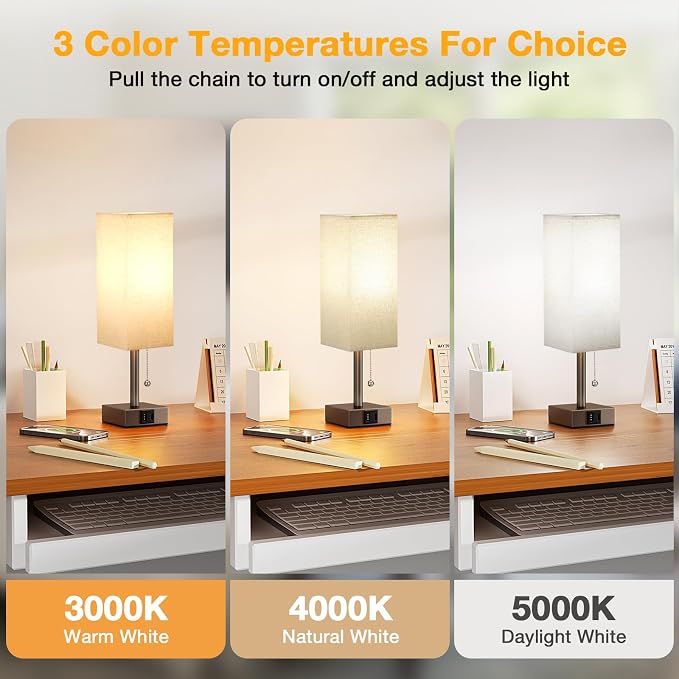 Brown Bedside Table Lamp for Bedroom - Desk Lamp For Nightstand, USB C+A | Pull Chain Lamp, 3 Color Modes(3000K/4000K/5000K), E26 LED Bulb Included, Square Brown Fabric Lampshade, for Read, Work, Dorm - Image 3