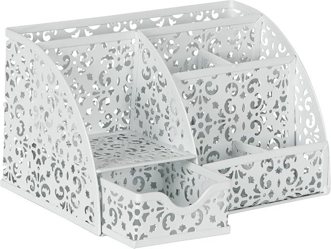 EasyPAG Desk Organizer and Pen Holder for Desk, Mesh Office Supplies Storage Caddy with Drawer for Small Space, Desktop Organizer for Home Office, White - Image 2