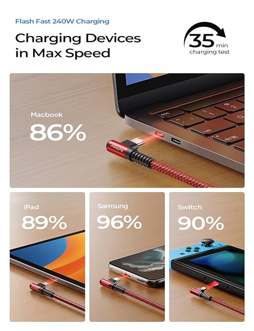 AINOPE 240W USB C to USB C Cable 6.6ft, C to C Type Fast Charging Cable for MacBook&iPad Pro, Samsung S23/22/21/20, Red - Image 3