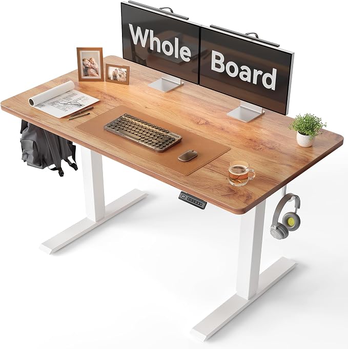 CubiCubi 48 x 24 One-Piece Electric Adjustable Standing Desk, Light Rustic | Height Adjustable Electric Large Computer Home Office Sit Stand up Workstation, with Memory Presets, Headphone Hook by CubiCubi