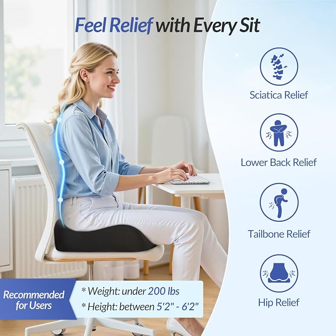 Pioneering Seat Cushion for Pressure Relief, Ergonomic Office Chair Cushion for Sciatica, Back, Hemorrhoids & Tailbone Pain Relief, High-Density Memory Foam Car Seat Cushion with Anti-Slip Base - Image 2