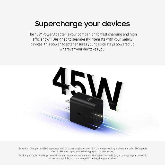 Samsung 45W Wall Charger Power Adapter with Cable Included, Black | Super Fast Charging For Galaxy Phones, Tablets and USB Type C Devices, Low Standby Power Consumption, EP-T4511XBEGU - Image 4