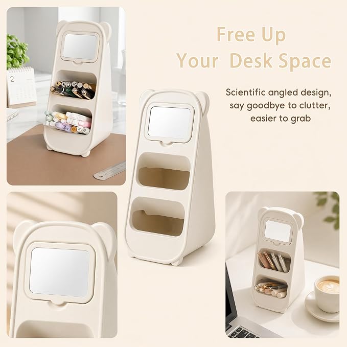 Cute Bear Pen Holder for Desk with Detachable Magnetic Mirror, Aesthetic Cream White Desk Organizer, 2-Compartment Pencil Cup Storage for Office & School - Image 5