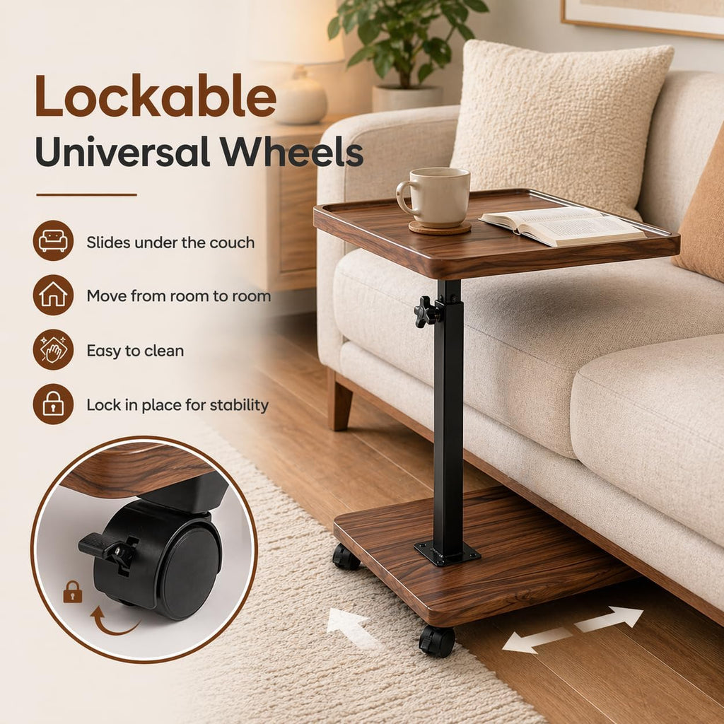 C Table End Table Adjustable Height,C Shaped End for Couch，Snack Tables,360°Swivel TV Tray Sofa Table,Tables that Slide Under,Coffee SideTable for Bed,Chair,Bath-tub,Outdoor(Walnut Color) - Image 6