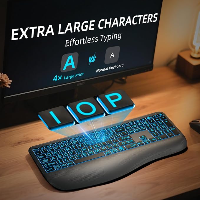 Hamile Large Print Wireless Backlit Keyboard for Windows, Gray | Rechargeable keyboard with quiet low-profile keys, 7-color backlight memory, full-size layout, and extra-large wrist rest - Image 2