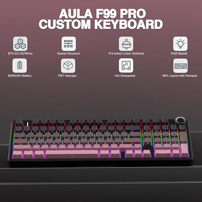 AULA F99 Pro Wireless Mechanical Keyboard with Knob,Tri-Mode BT5.0/USB-C/2.4GHz Hot Swappable Keyboard,Gasket Structure,Creamy Sound,RGB Backlit Computer Gaming Keyboards - Image 2