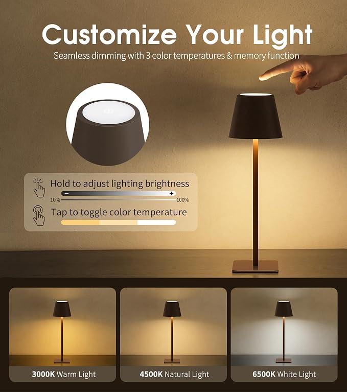 UME 3 Pack Cordless Table Lamp, Battery Operated Lamp - Portable Waterproof Rechargeable Table Lamp w/ 3 Color Temps & Stepless Dimming for Dinner, Desk, Cafe, Outdoor (Matte Brown) - Image 3