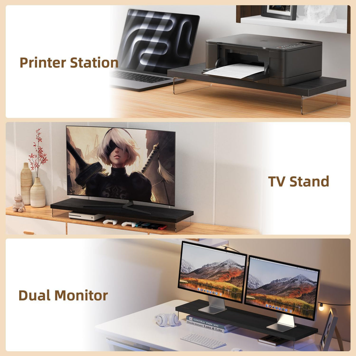 Dual Monitor Stand Riser, 40x10 in Wood & Acrylic Desktop Organizer Shelf - Image 6