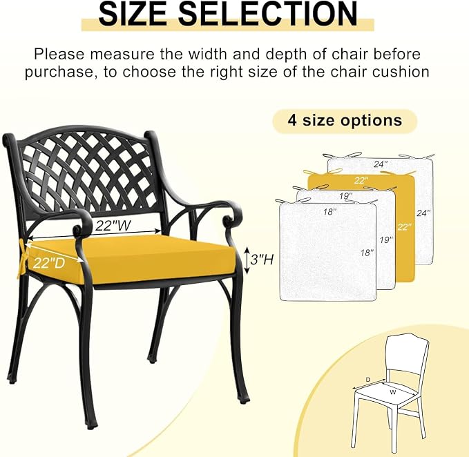 downluxe Waterproof Outdoor Chair Cushions for Patio Furniture, 22" x 22" x 3" Patio Chair Cushion with Adjustable Ties & Portable Handle, Square Outdoor Cushion with Removable Cover, Yellow, 2 Pack - Image 6