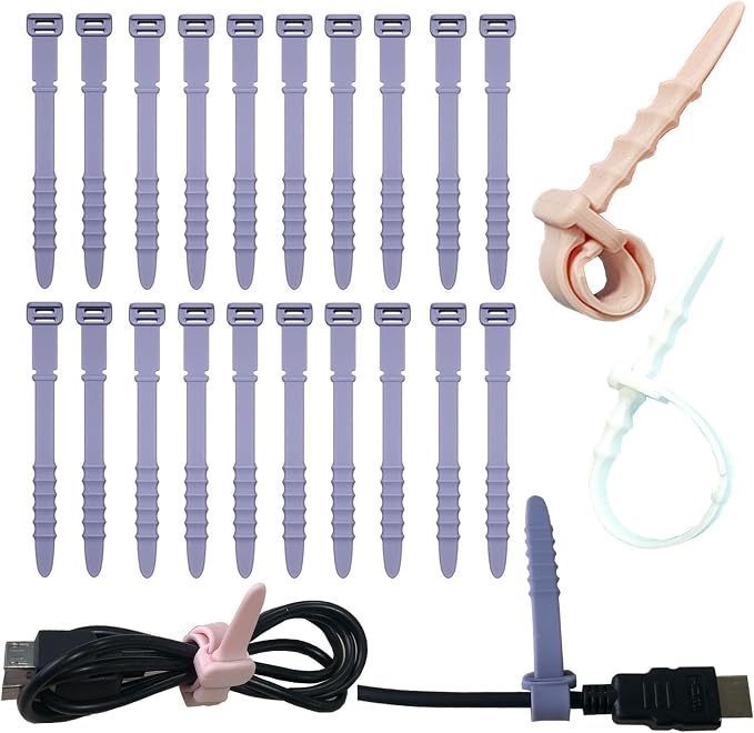 Reusable Silicone Zip Ties Cord Organizer: Silicone Cable Ties Straps for Cable Management - 20PCs 4.5” Purple Elastic Wire Cord Organizer for Home Office and Travel by GELIAL