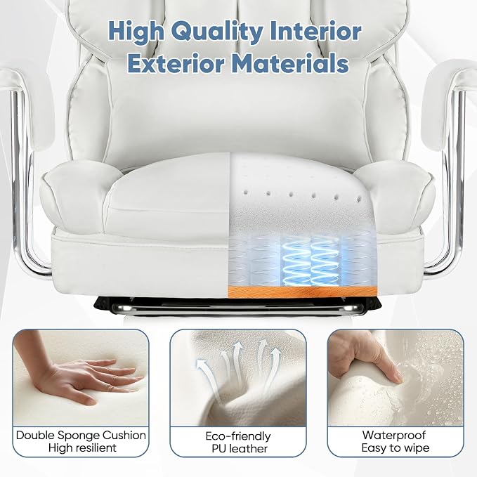 DUMOS Ergonomic Home Office Desk Chair, Executive Chair, PU Leather | Big Tall High Back, Lumbar Support, Reclining Height Adjustable, Computer Gaming, Footrest Swivel Wheels, Snow White - Image 6