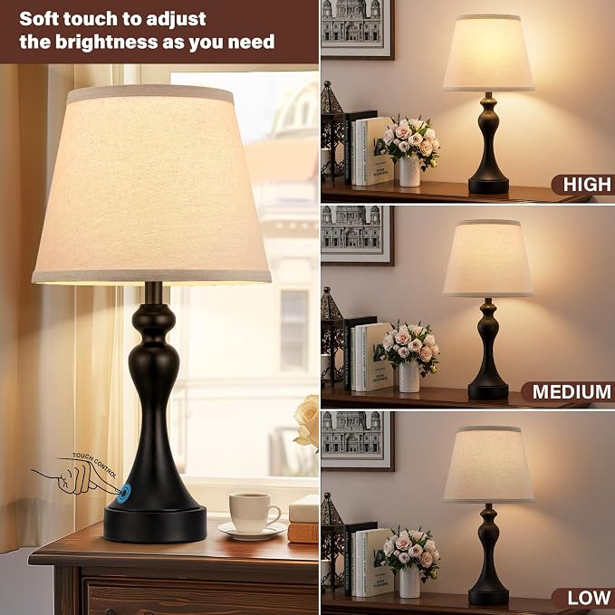 Touch Lamps for Nightstand, 3 Way Dimmable Bedside Lamps with USB C+A Ports | Touch Control, LED Bulb Included, Small Black Table Lamp for Bedroom, Night Stands, End Table, Gift，Corded - Image 2