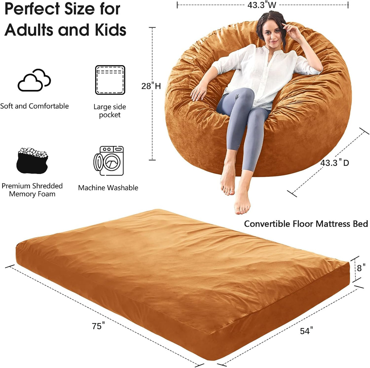 Bean Bag Chairs for Adults - Giant Bean Bag Convertible Floor Sofa - Image 3