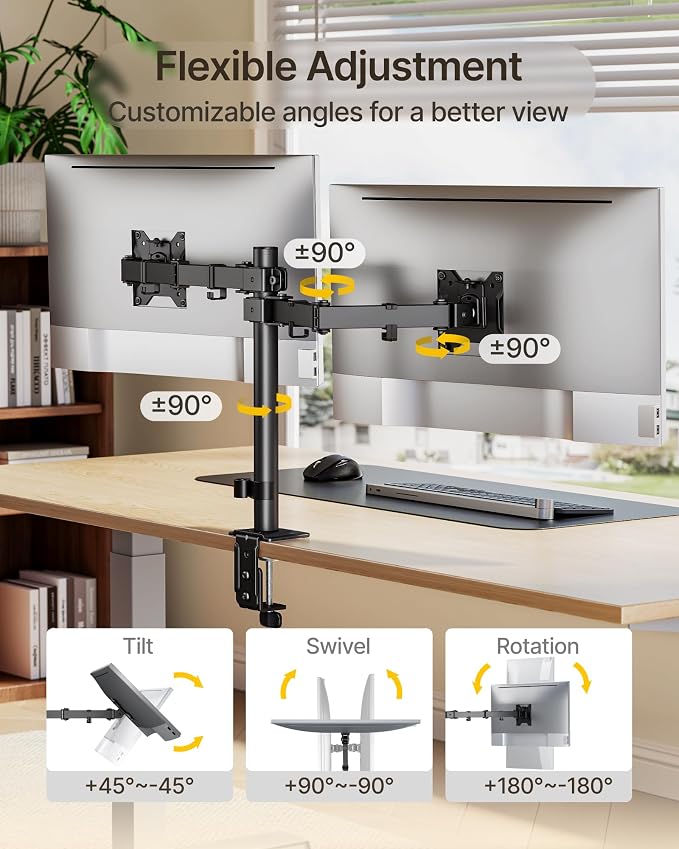 monTEK Dual Monitor Stand for 17-32" Screens, 22 lbs Each | Dual-screen desk mount, height adjustment, tilt, swivel, rotation, clamp/grommet bases and VESA 75/100 - Image 5