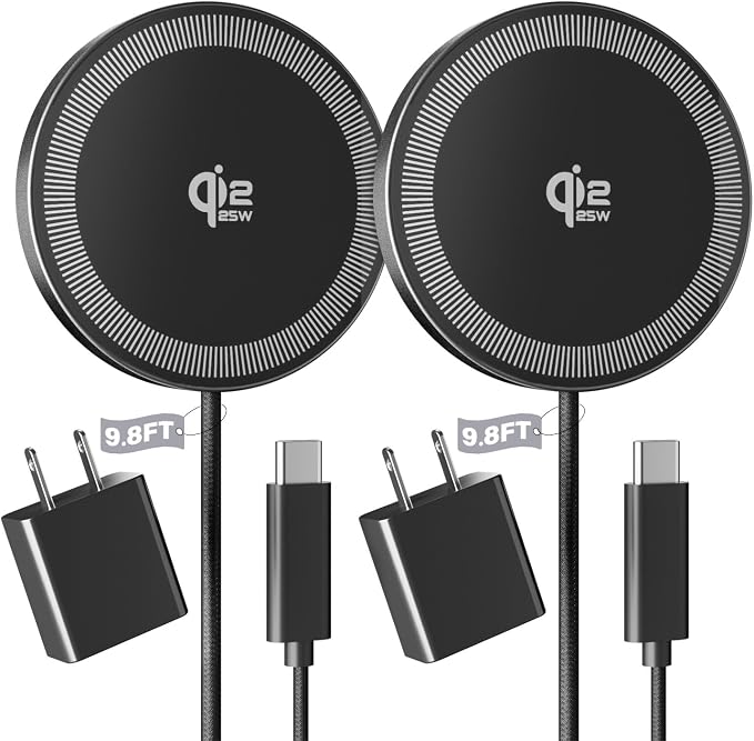 2Pack Magnetic Wireless Charger 25W Fast Charger for iPhone 17/16/15/14/13/12 Series & AirPods, Portable Wireless Charging Pad for Travel Home Office Desk, 9.8FT-Black with Plug by Tagzilo