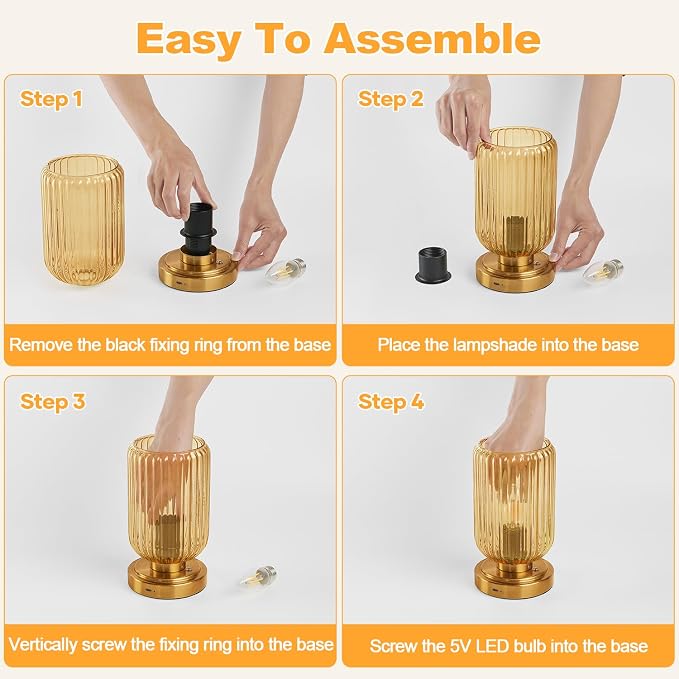 LightRound Cordless Table Lamp for Bedroom, Touch Stepless Dimmable, Modern | 7500mAh Rechargeable Battery, Amber Glass Shade, Brushed Gold Base, Bulb Included, Wireless Lamp for Desk, Living Room - Image 8