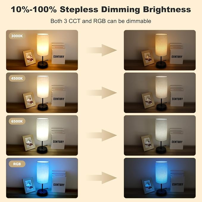 Table Lamp, 3 CCT 3000K/4500K/6500K & RGB Color Changing, Stepless Dimmable Small Bedside Lamp for Reading, Ambience Nightstand Light for Home Decor Party, Beige Shade - Image 4