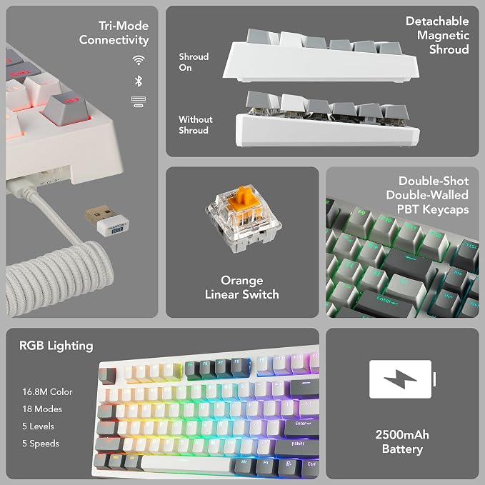 TECWARE Phantom+ Elite TKL 87 Key RGB Mechanical Gaming Keyboard | Wireless Bluetooth 5.0 2.4GHz USB C Wired | Hot Swappable 5 Pin | Double Shot PBT Keycaps | Creamy Wraith Orange Linear Switch, White - Image 3