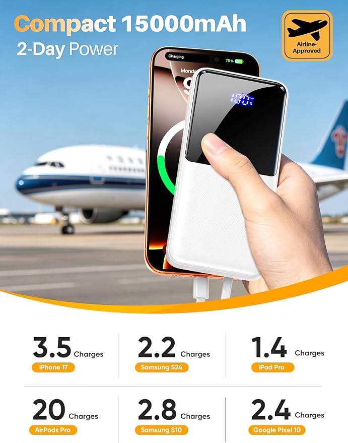 CFIAI Portable Charger Power Bank 15000mAh Battery Pack with Built in Cable | Ultra Slim, 50% Larger Capacity, Travel Essential, 22.5W Fast Charge USB C Phone Charger for iPhone Samsung Android, White - Image 3
