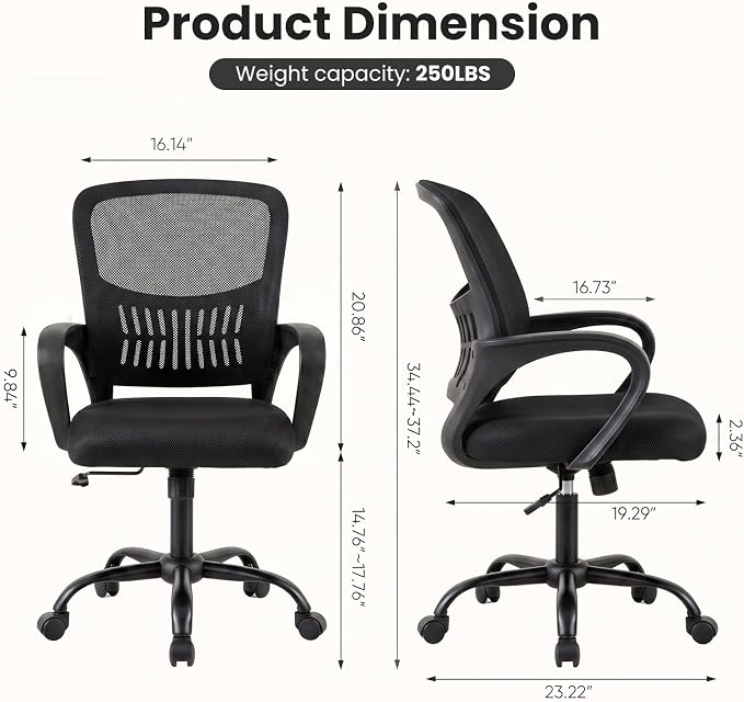 DUMOS Ergonomic Office Chair, Executive Desk Chair with Lumbar Support | Mid Back, Breathable Backrest, Fixed Armrest, Height Adjustable, 360° Swivel, Computer Gaming, Meeting, Black - Image 2