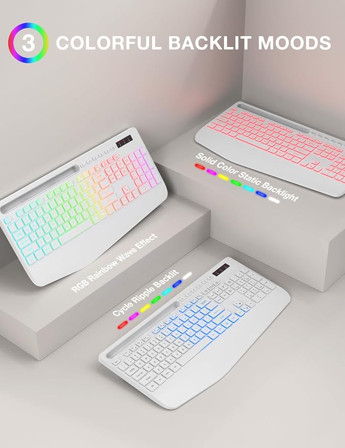 Wireless Keyboard and Mouse Combo - 9 Backlit Effects, RGB, 2.4Ghz | Ergonomic Wrist Rest, Phone Holder, Rechargeable, Full Size, KM22 MAX Silent Set for Computer, Laptop, Mac, Windows (White) - Image 2