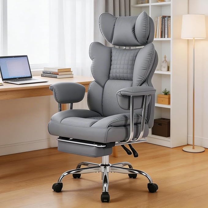 DUMOS Big and Tall Home Office Desk Chair, Executive Chair with Footrest | Scratch-Resistant PU Leather, Ergonomic Reclining, Pocket Spring Support, 400 LBS Weight Capacity, Grey - Image 8