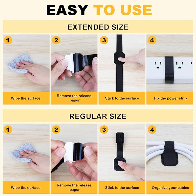 SummerBrite 56-Pack Self Adhesive Cable Straps, Heavy Duty Hook & Loop Ties with Strong Sticky Backing, Reusable Under Desk Cable Management Wire Organizers for Home Office PC, Black - Image 5