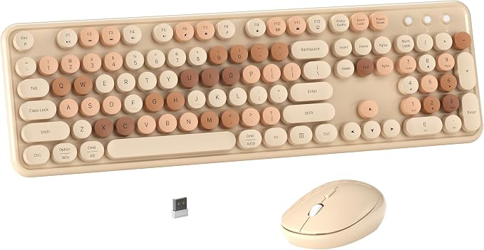 MPTOG Wireless Computer Keyboard and Mouse Combo (Milk-Tea Colorful) | Retro Round Typewriter Keycaps, Power Switch, Ergonomic Design, 2.4GHz Wireless for Windows, Mac, PC by MPTOG