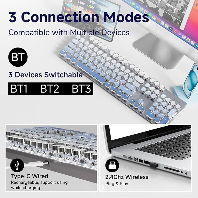 SEUNKWANG EWEADN Typewriter Keyboard Wireless Mechanical Keyboard, 104 Keys Gradient Color Typewriter Keyboards with White Backlit, Anti-Ghosting, Blue Switch Bluetooth/2.4GHz/Wired Keyboards-Blue - Image 3