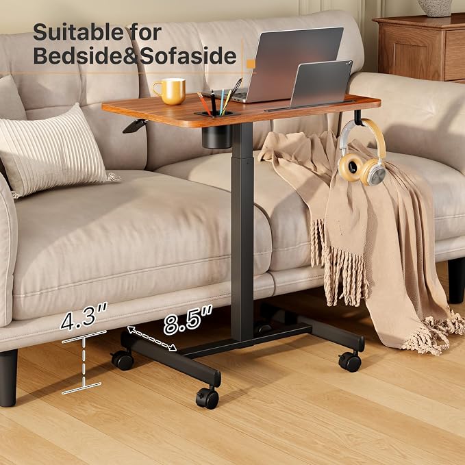 28 inch Small Mobile Standing Desk Height Adjustable with Wheels | Rolling Laptop Rising Cart with Cup Holder, Portable Computer Workstation with Hook and Slots on 4 Lockable Casters, Walnut - Image 7