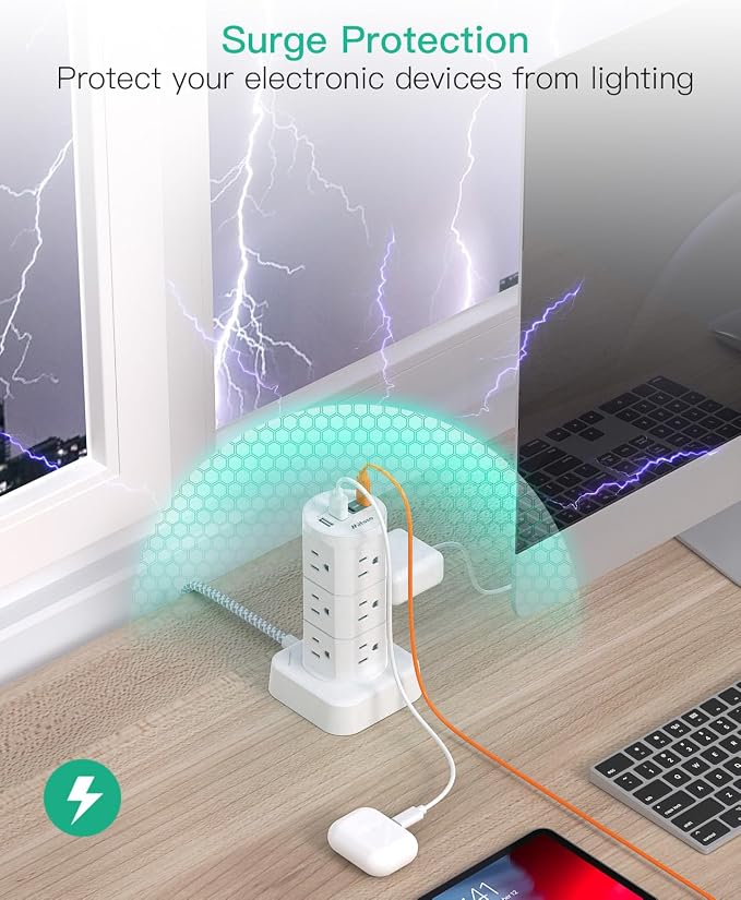 Surge Protector Power Strip Tower, 10FT Extension Cord, Slim Flat Plug | Office Desk Supplies, with Multiple Outlets(12 AC Outlets), 1875W/15A Overload Protection, Dorm Room Essentials - Image 4