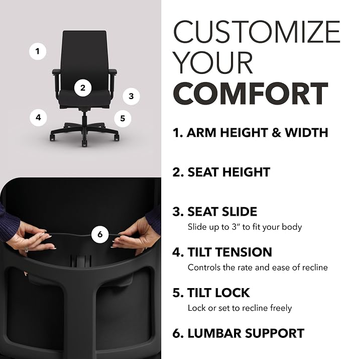 HON Ignition 2.0 Ergonomic Office Chair, Lumbar Support, Desk Chair, Onyx | Ergonomic office desk chair with lumbar support, adjustable arms, office decor, workstation comfort for focused productivity - Image 3