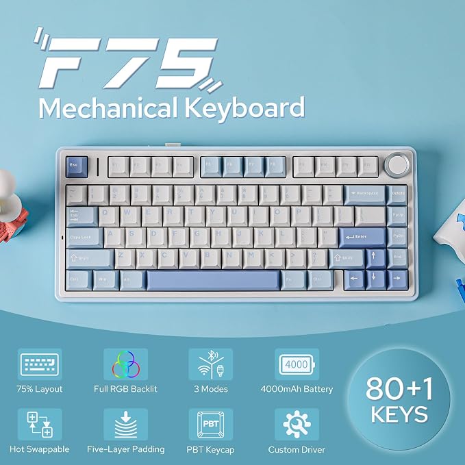 EPOMAKER x Aula F75 Gasket Mechanical Keyboard, 75% Wireless Hot Swappable Gaming Keyboard with Five-Layer Padding&Knob, BT/2.4GHz/USB-C, RGB (Sea Salt Blue, Ice Vein Switch) - Image 2