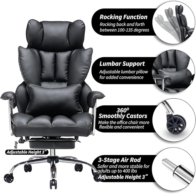 Efomao Big and Tall Office Chair with Foot Rest 400LBS, PU Leather Computer Chair, Heavy Duty Executive Office Chair with Lumbar Support, Black Home Office Chairs | 400lbs support, 135° recline, dual-layer foam cushion, 23.5" seat & footrest. BIFMA - Image 5