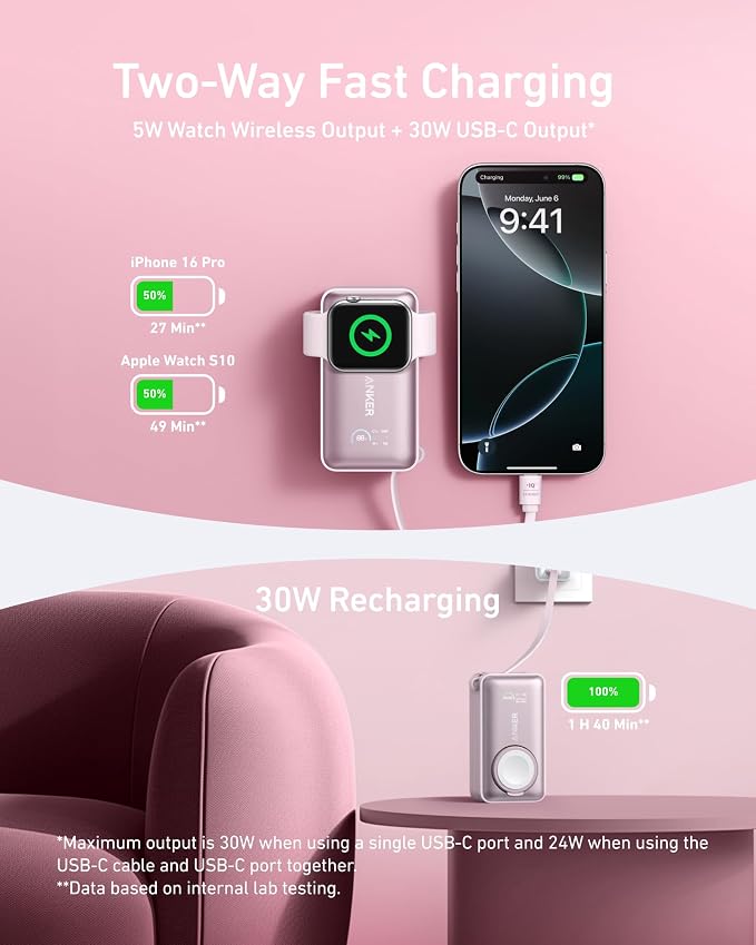 Anker MagGo Power Bank for Apple Watch, 10,000mAh 35W Max Portable Charger | Officially Certified 10,000mAh Battery Pack with Built-In USB-C Cable, for iPhone 17 Series, Samsung, iPad, AirPods, and More - Image 3