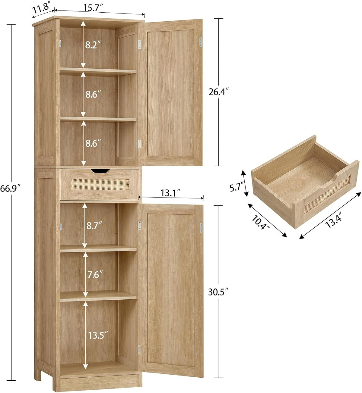 66.9" H Tall Storage Cabinet with 2 Rattan Doors and 1 Drawer, Narrow Rattan Cabinet with Adjustable Shelves, for Living Room, Entryway, Kitchen, Natural - Image 3